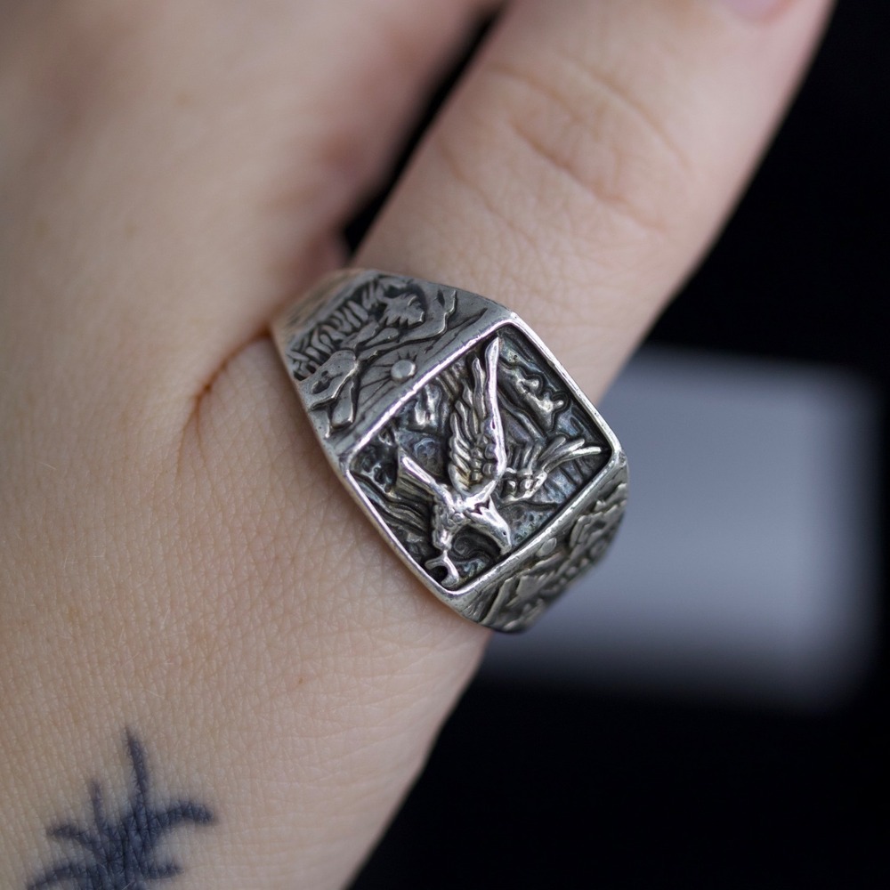 Vintage Sterling Silver 925 Eagle Signet Ring Size 12.5 Soaring Bird Nature Scen - Picture 7 of 9